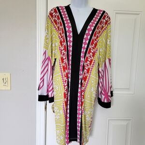 Boston Proper Bell Sleeve Colorful V Neck Dress Black Pink Red Yellow Retro M